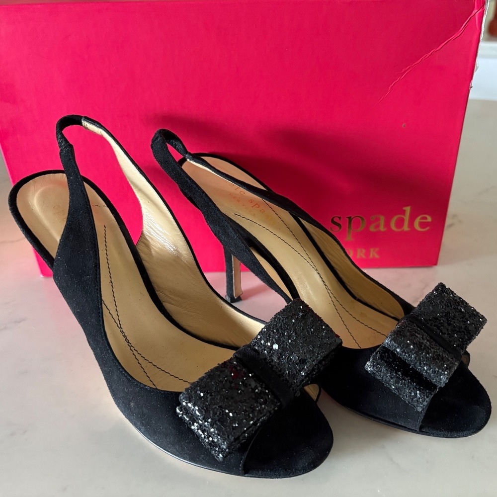 $350 KATE SPADE Chase‎ Black Suede Slingback Heels Glitter Bow Peep Toe 6.5B EUC